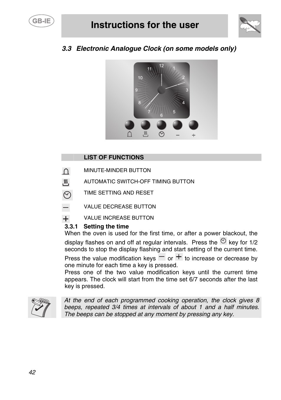 3 electronic analogue clock (on some models only), 1 setting the time, Instructions for the user | Smeg SC166PZ User Manual | Page 11 / 29
