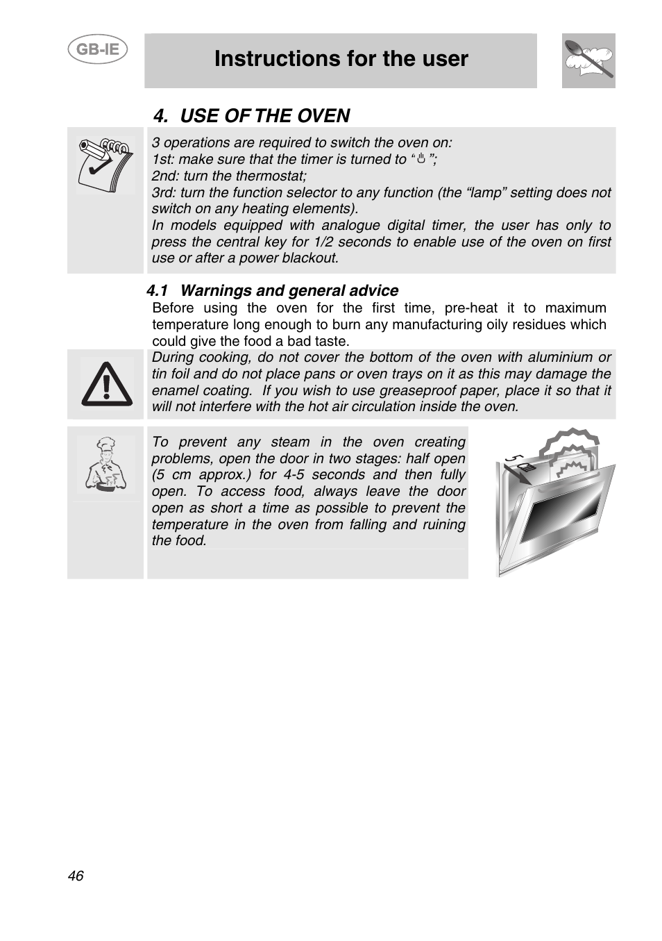 Use of the oven, 1 warnings and general advice, Instructions for the user | Smeg SC166PZ User Manual | Page 15 / 29