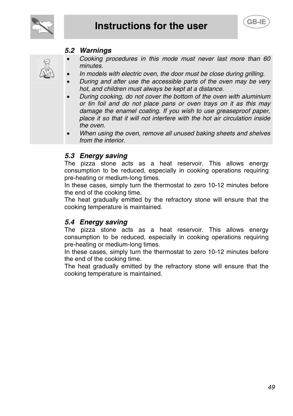 2 warnings, 3 energy saving, 4 energy saving | Instructions for the user | Smeg SC166PZ User Manual | Page 18 / 29