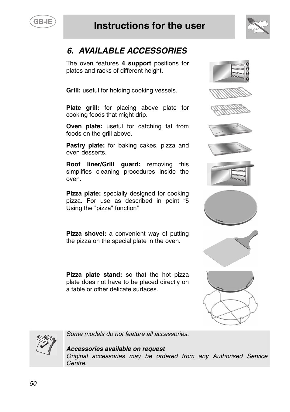 Available accessories, Instructions for the user | Smeg SC166PZ User Manual | Page 19 / 29