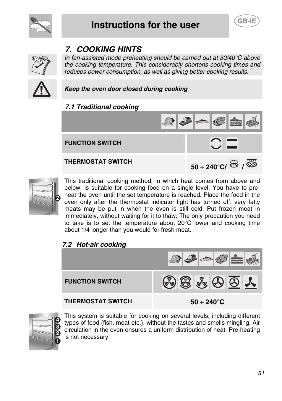 Cooking hints, 1 traditional cooking, 2 hot-air cooking | Instructions for the user, Keep the oven door closed during cooking, Function switch, Thermostat switch | Smeg SC166PZ User Manual | Page 20 / 29