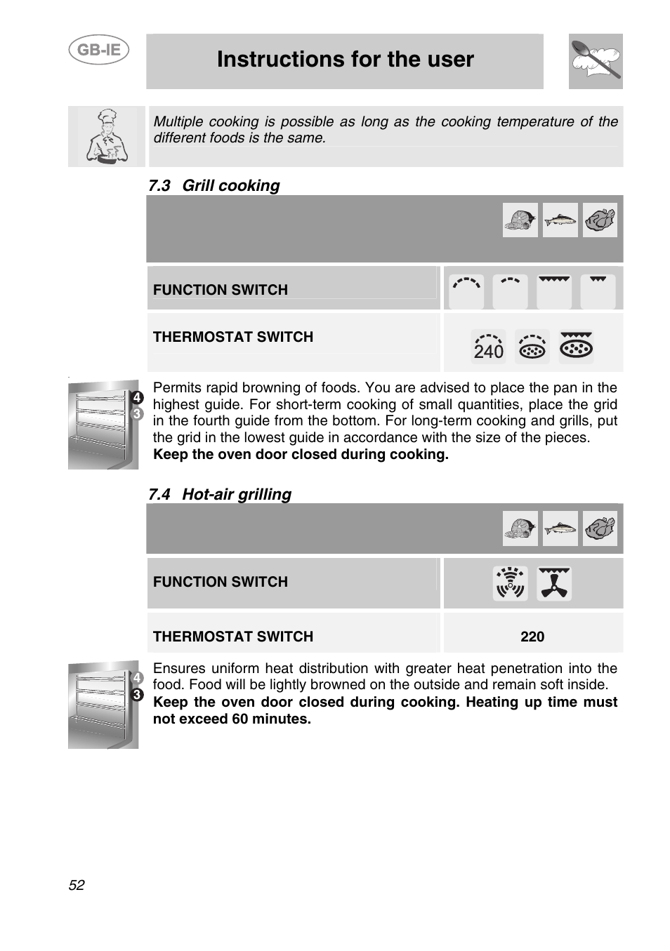 3 grill cooking, 4 hot-air grilling, Instructions for the user | Function switch, Thermostat switch | Smeg SC166PZ User Manual | Page 21 / 29