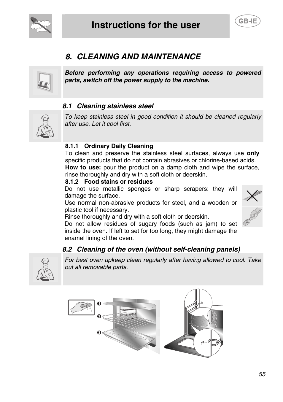 Cleaning and maintenance, 1 cleaning stainless steel, 1 ordinary daily cleaning | 2 food stains or residues, Instructions for the user | Smeg SC166PZ User Manual | Page 24 / 29