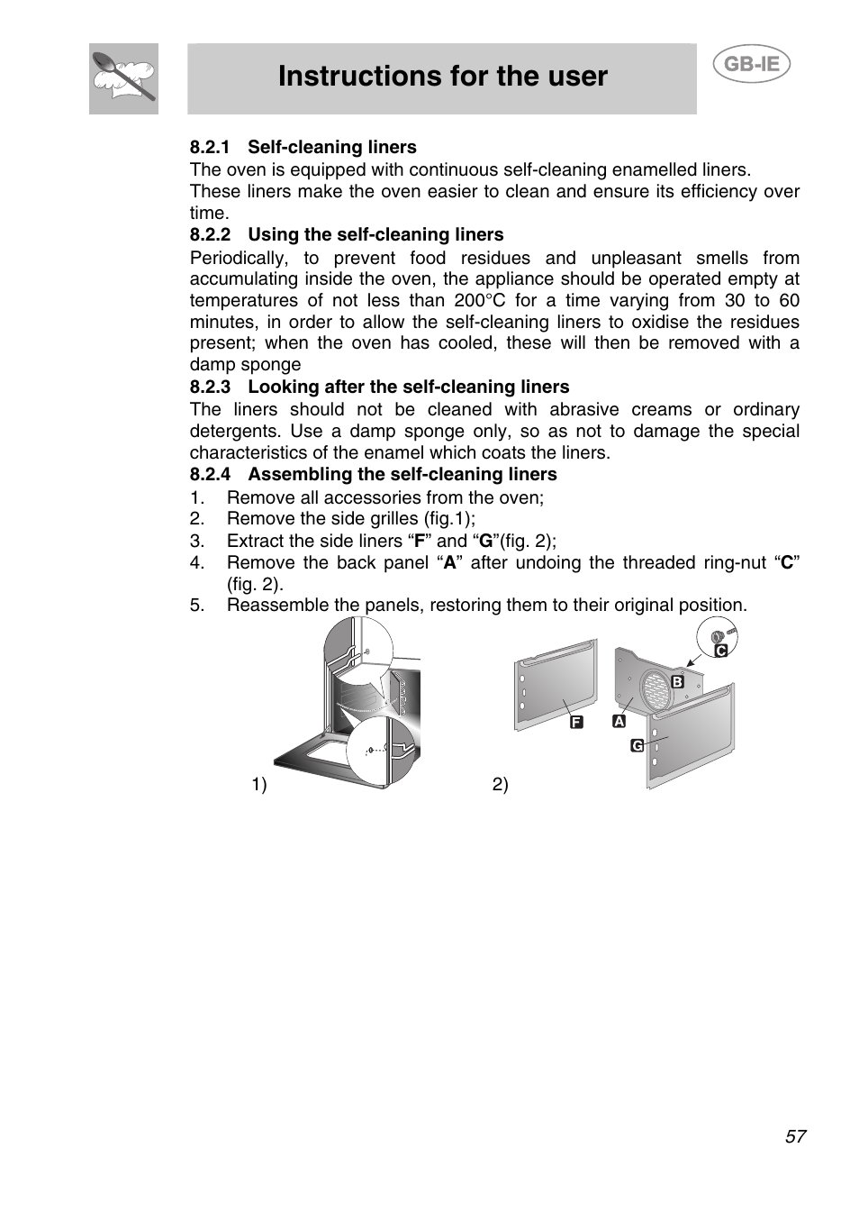 1 self-cleaning liners, 2 using the self-cleaning liners, 3 looking after the self-cleaning liners | 4 assembling the self-cleaning liners, Instructions for the user | Smeg SC166PZ User Manual | Page 26 / 29