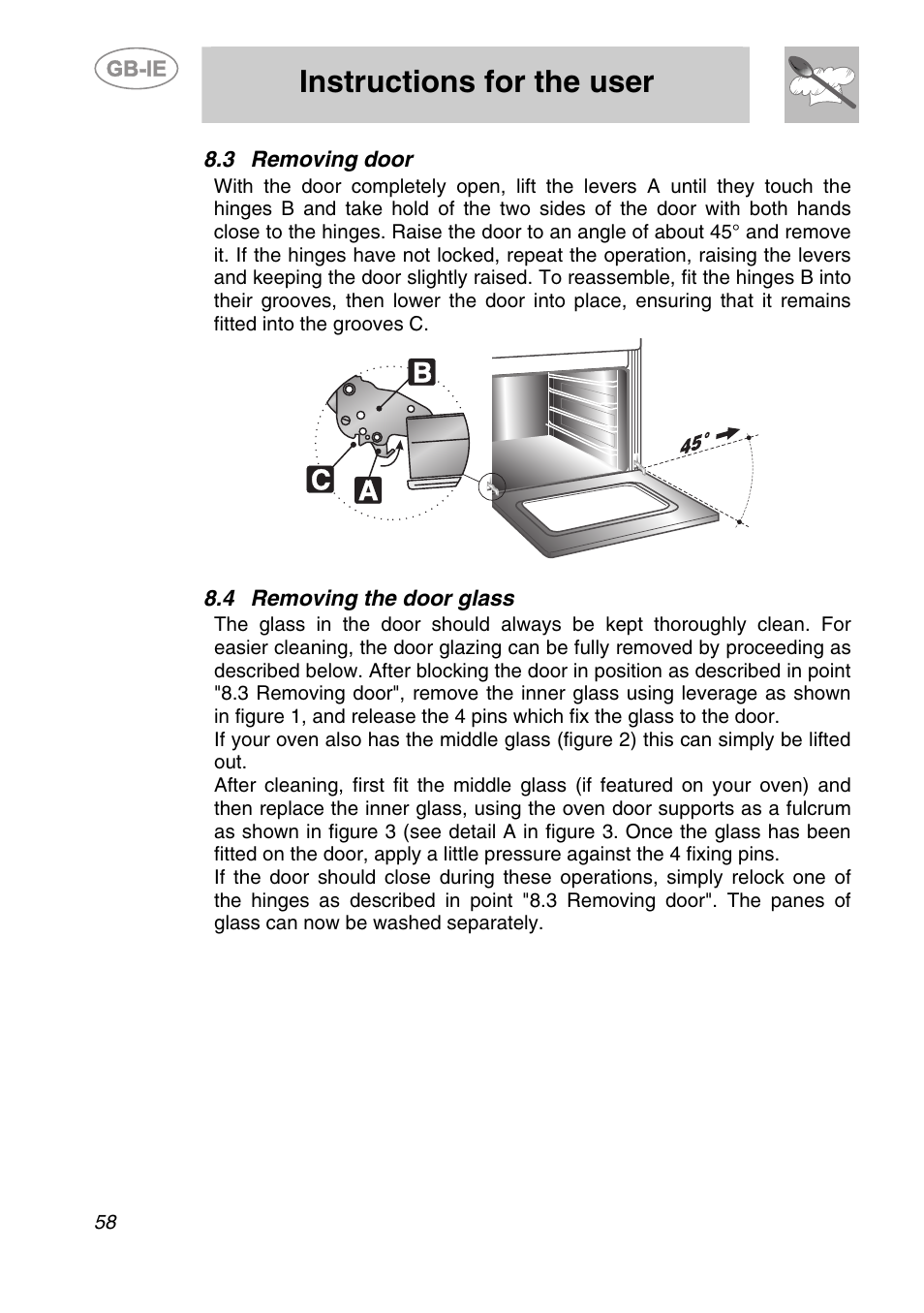 3 removing door, 4 removing the door glass, Instructions for the user | Smeg SC166PZ User Manual | Page 27 / 29
