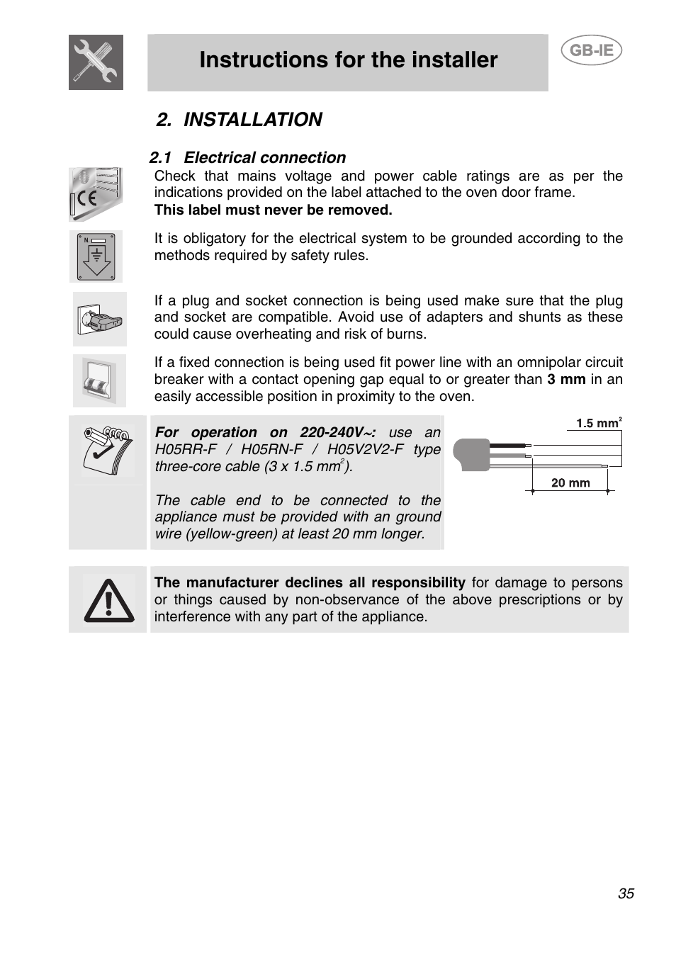 Installation, 1 electrical connection, Instructions for the installer | Smeg SC166PZ User Manual | Page 4 / 29
