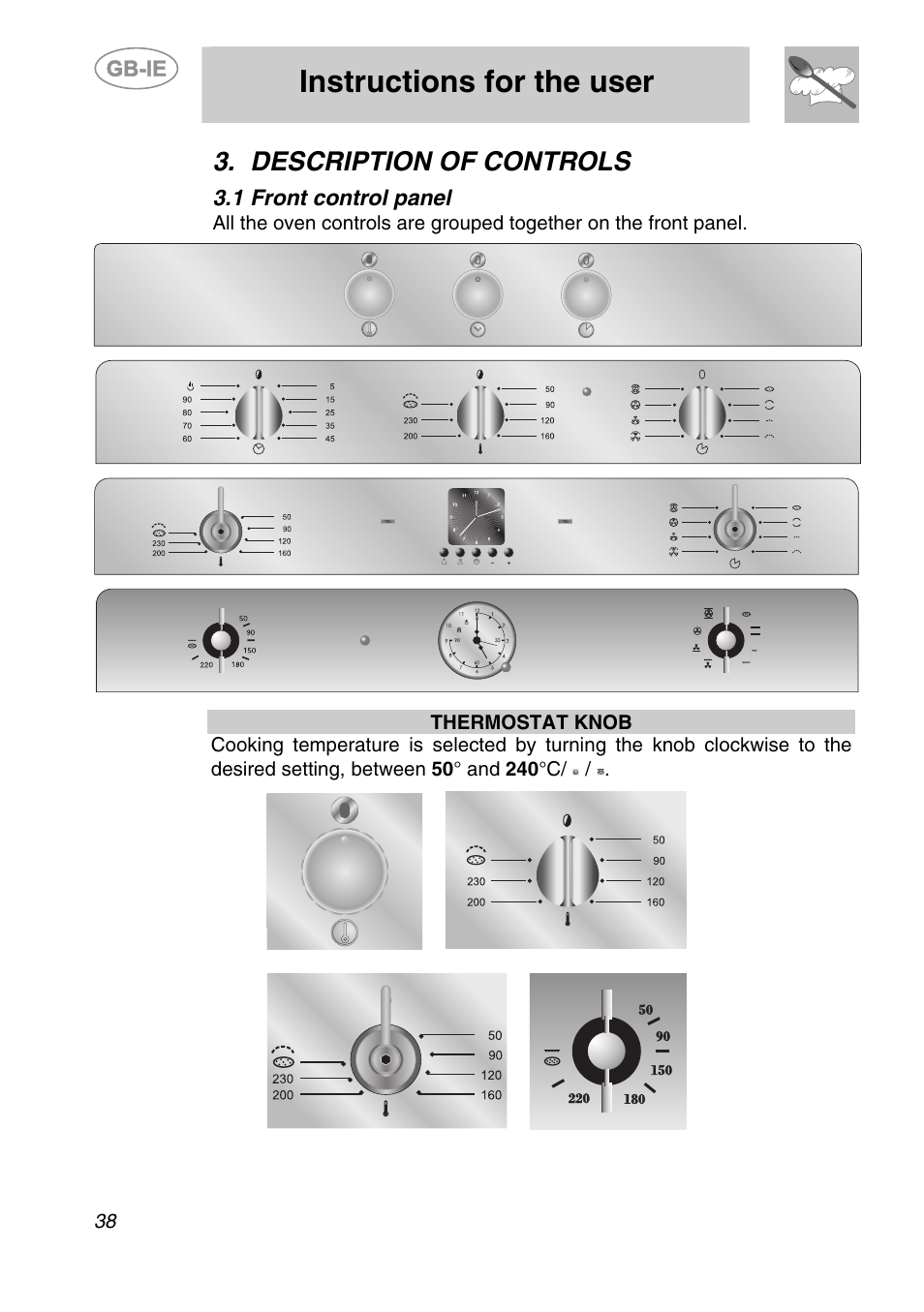 Description of controls, 1 front control panel, Instructions for the user | Smeg SC166PZ User Manual | Page 7 / 29