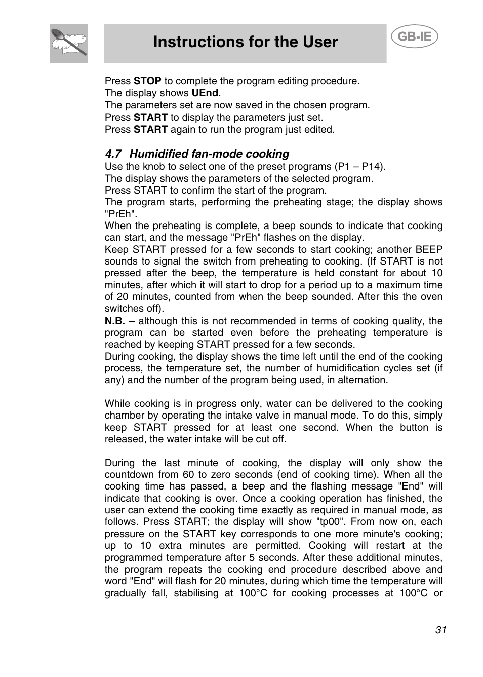 7 humidified fan-mode cooking, Instructions for the user | Smeg ALFA135V6 User Manual | Page 11 / 17