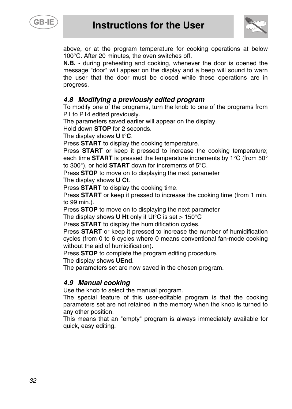 Modifying a previously edited program, 9 manual cooking, Instructions for the user | Smeg ALFA135V6 User Manual | Page 12 / 17