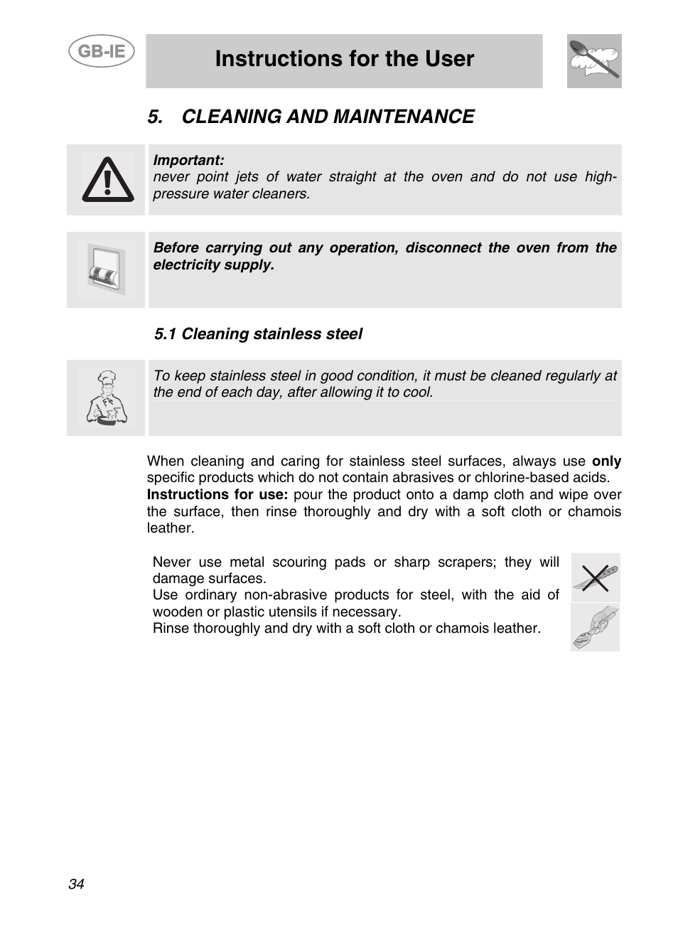 Cleaning and maintenance, 1 cleaning stainless steel, Instructions for the user | Smeg ALFA135V6 User Manual | Page 14 / 17