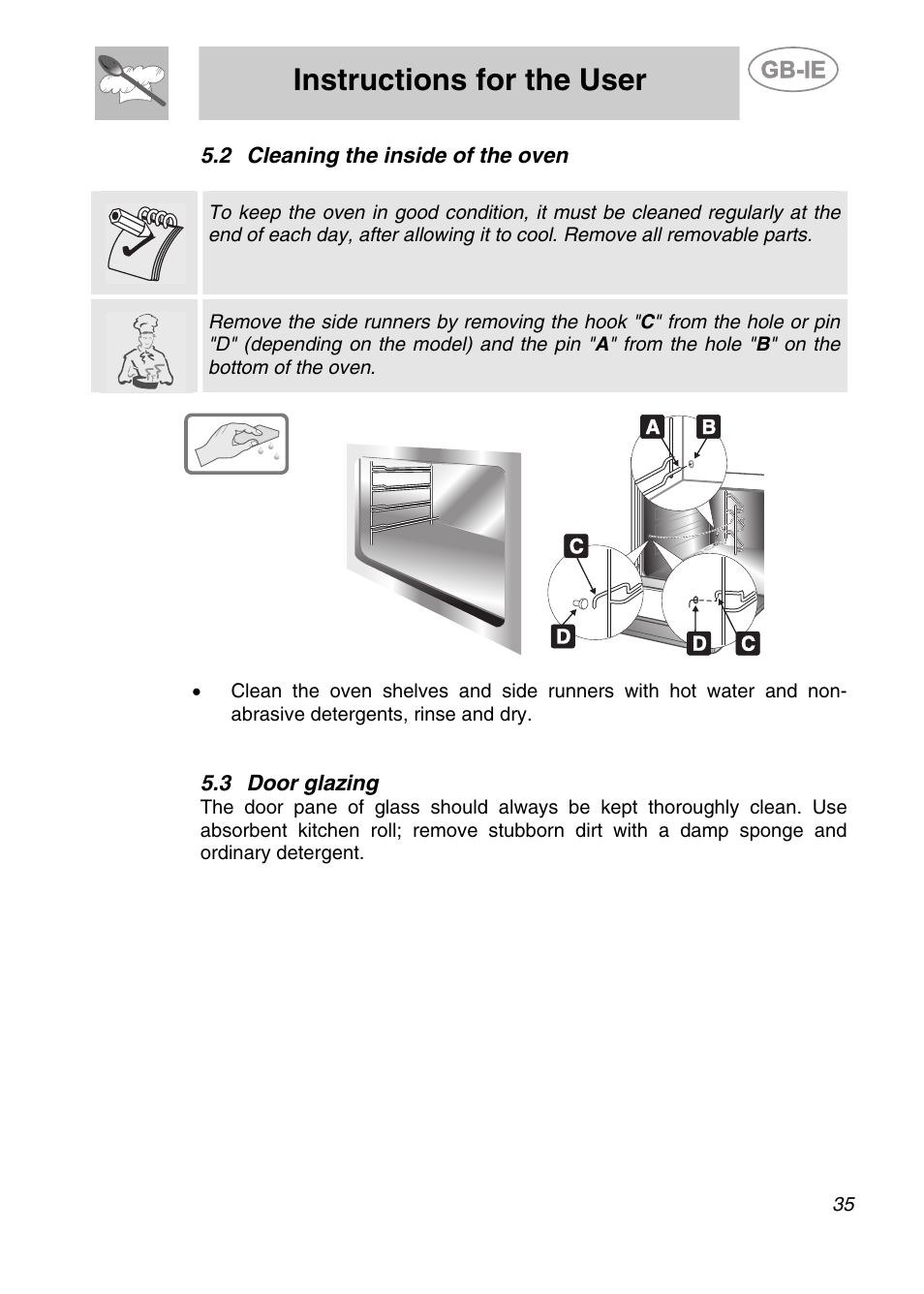 Cleaning the inside of the oven, 3 door glazing, Instructions for the user | 2 cleaning the inside of the oven | Smeg ALFA135V6 User Manual | Page 15 / 17