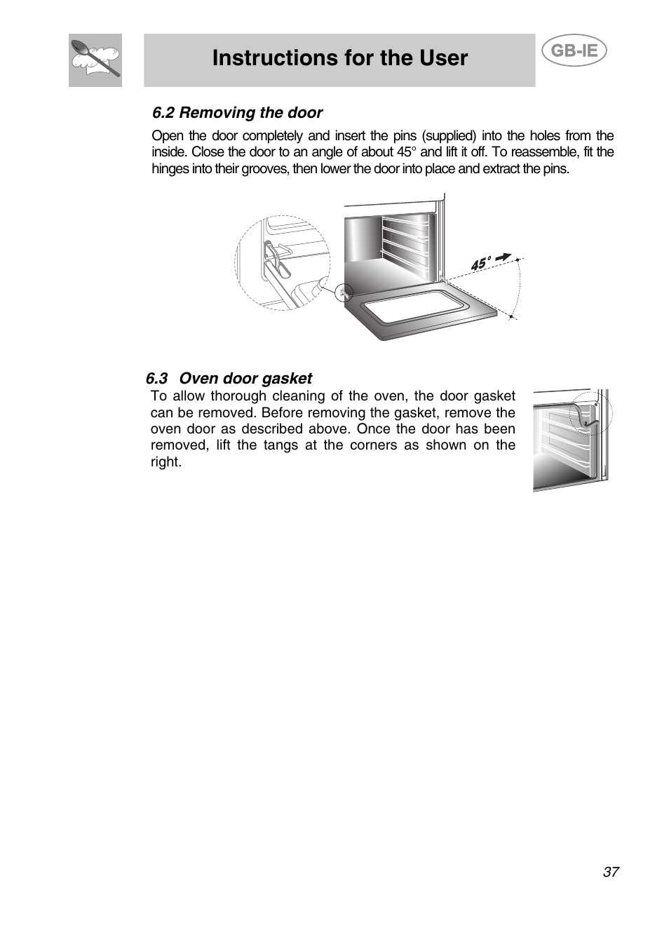 Removing the door, 3 oven door gasket, Instructions for the user | 2 removing the door | Smeg ALFA135V6 User Manual | Page 17 / 17
