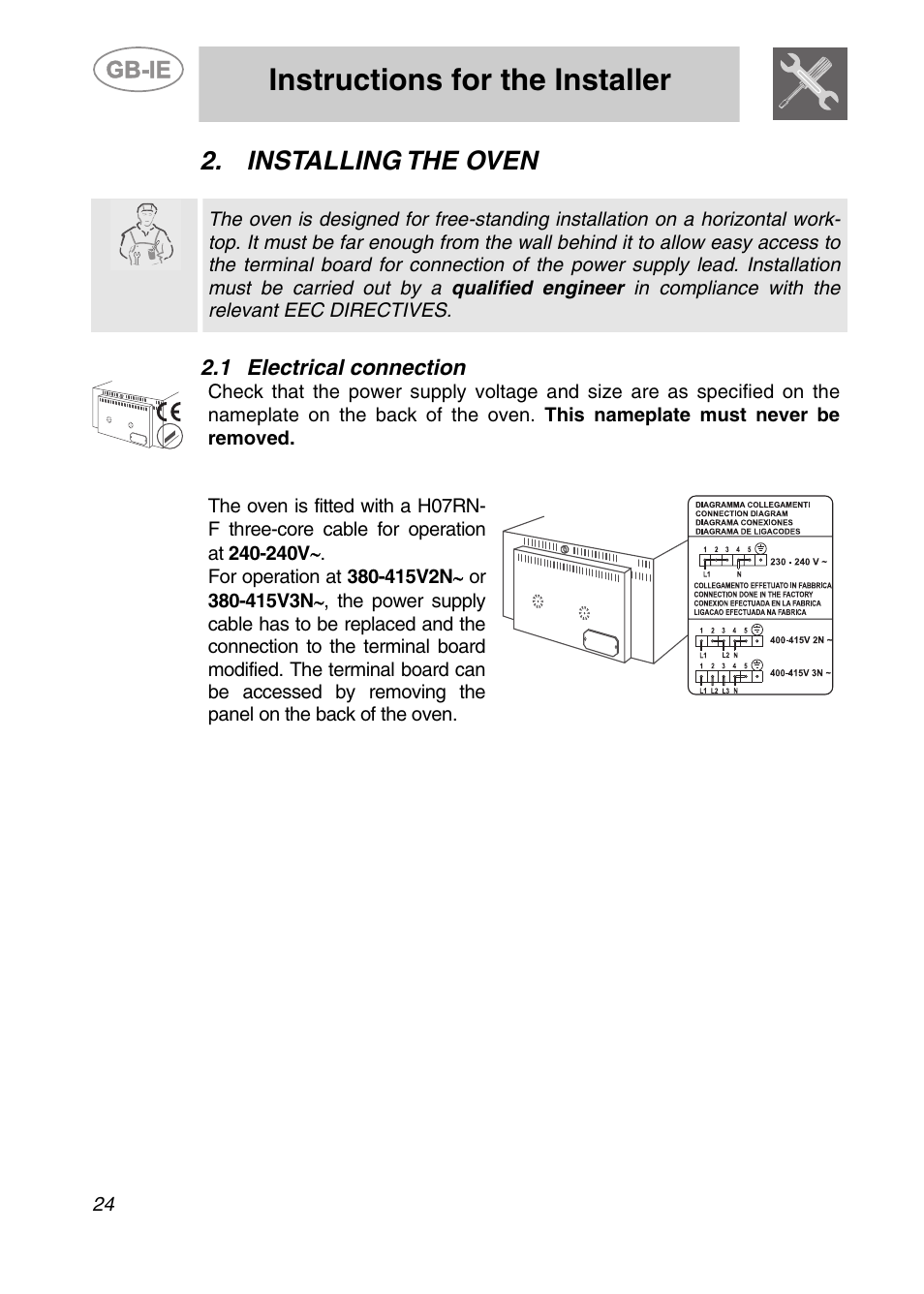 Installing the oven, 1 electrical connection, Instructions for the installer | Smeg ALFA135V6 User Manual | Page 4 / 17