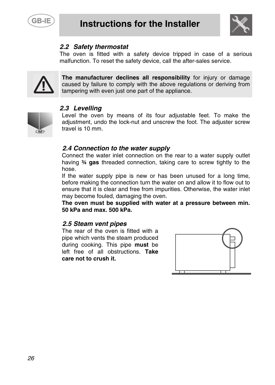 Safety thermostat, 3 levelling, 4 connection to the water supply | 5 steam vent pipes, Instructions for the installer | Smeg ALFA135V6 User Manual | Page 6 / 17