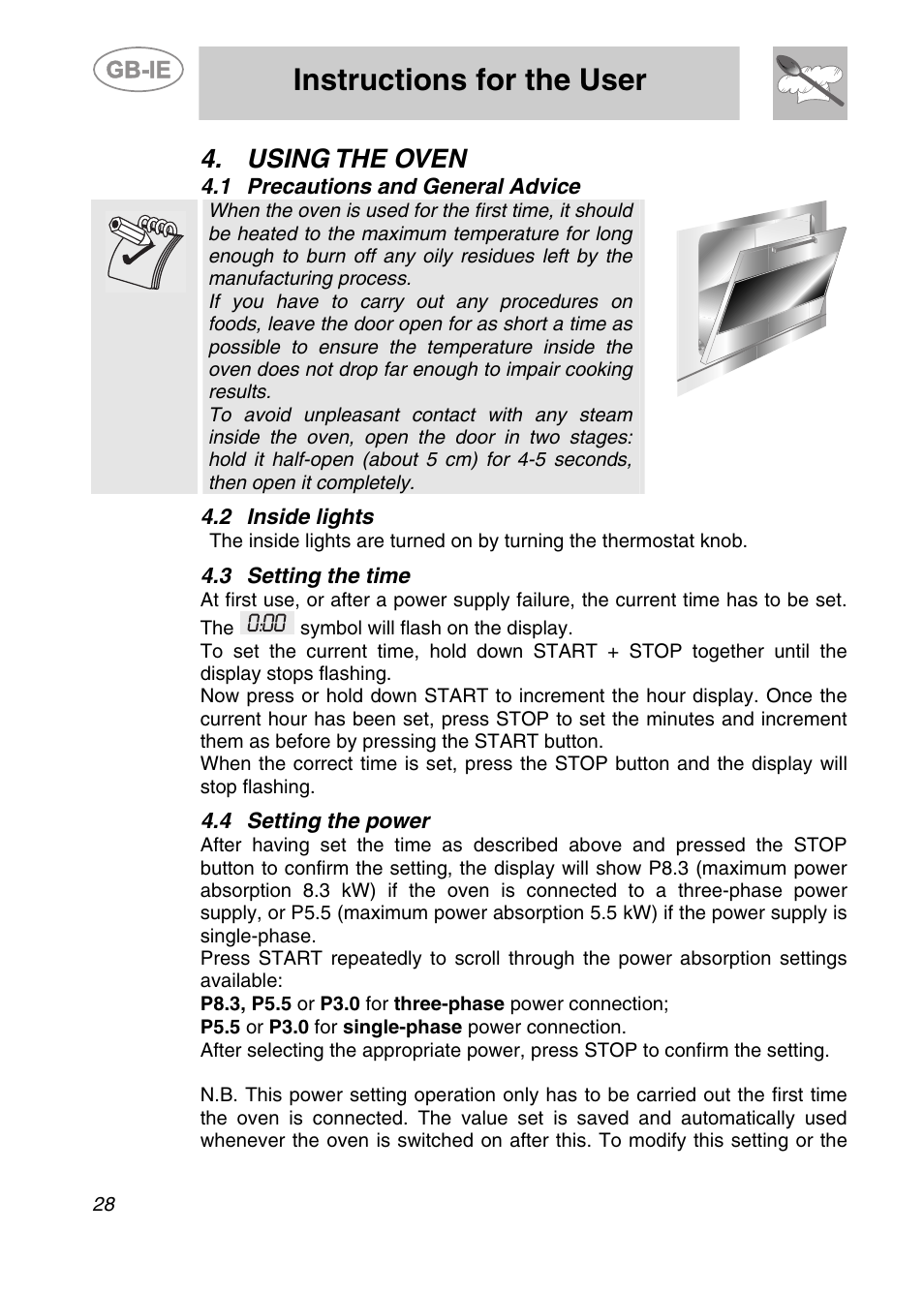 Using the oven, 1 precautions and general advice, 2 inside lights | 3 setting the time, 4 setting the power, Instructions for the user | Smeg ALFA135V6 User Manual | Page 8 / 17