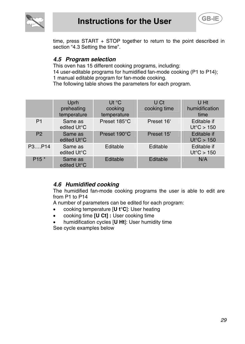 Program selection, Humidified cooking, Instructions for the user | Smeg ALFA135V6 User Manual | Page 9 / 17
