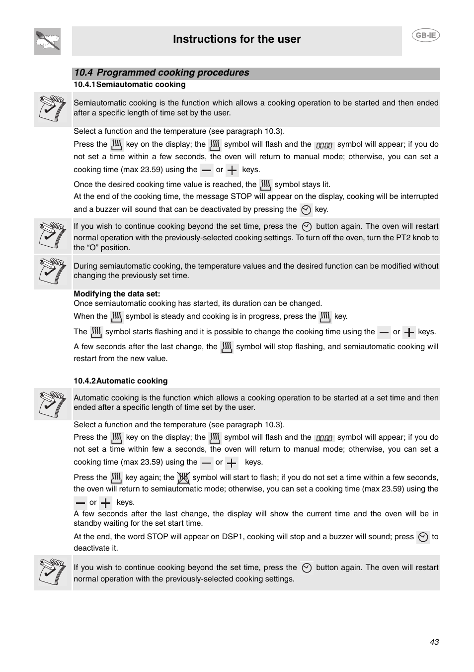 4 programmed cooking procedures, 1 semiautomatic cooking, 2 automatic cooking | Instructions for the user | Smeg CE92IPX User Manual | Page 11 / 30