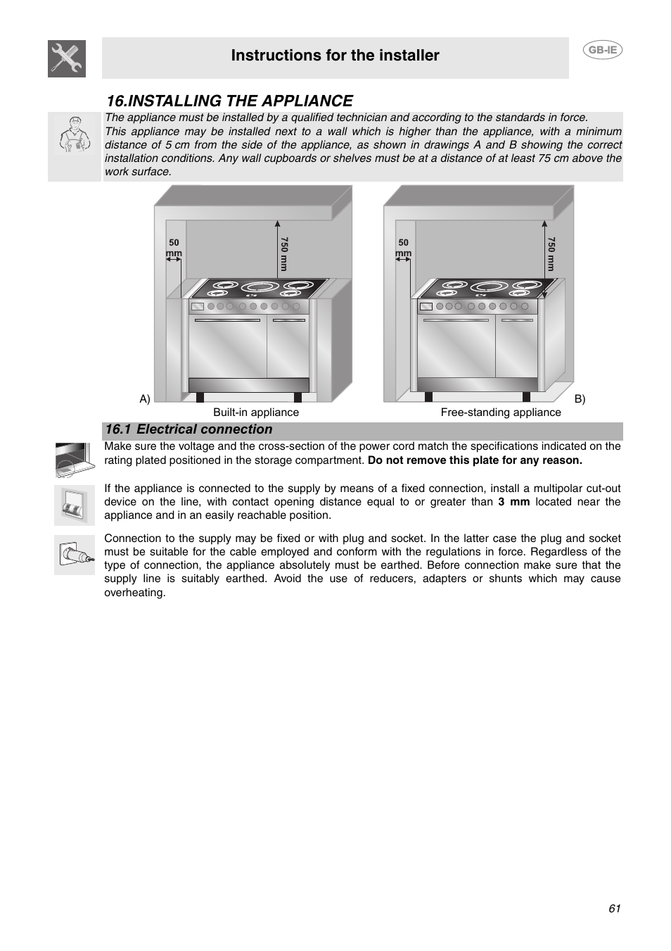 Installing the appliance, 1 electrical connection, Instructions for the installer | Smeg CE92IPX User Manual | Page 29 / 30