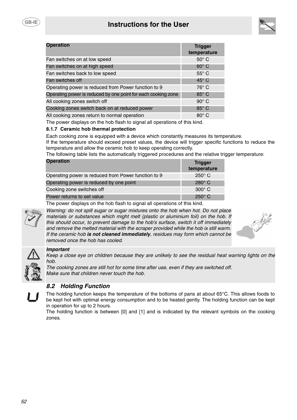 7 ceramic hob thermal protection, 2 holding function, Instructions for the user | Smeg SCB64MPX5 User Manual | Page 10 / 20