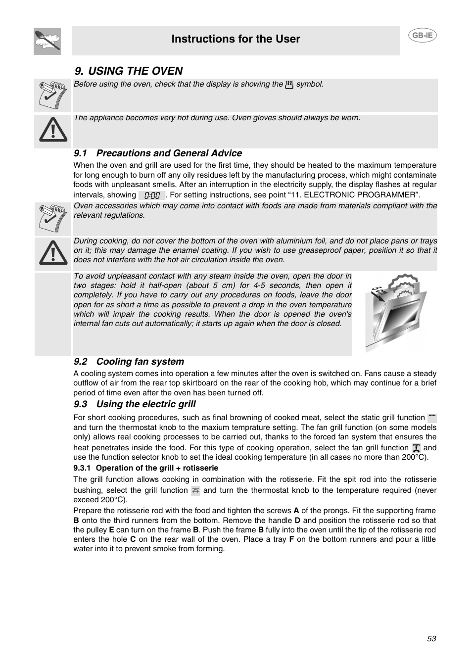 Using the oven, 1 precautions and general advice, 2 cooling fan system | 3 using the electric grill, 1 operation of the grill + rotisserie, Instructions for the user | Smeg SCB64MPX5 User Manual | Page 11 / 20