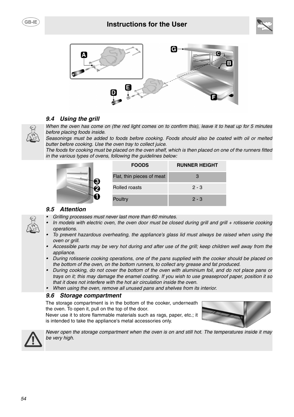 4 using the grill, 5 attention, 6 storage compartment | Instructions for the user | Smeg SCB64MPX5 User Manual | Page 12 / 20