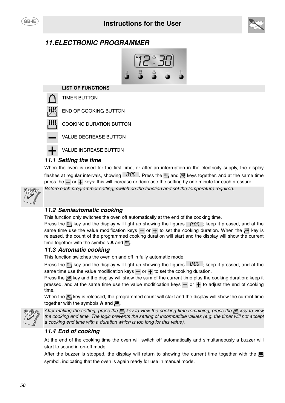 Electronic programmer, 1 setting the time, 2 semiautomatic cooking | 3 automatic cooking, 4 end of cooking, Instructions for the user | Smeg SCB64MPX5 User Manual | Page 14 / 20