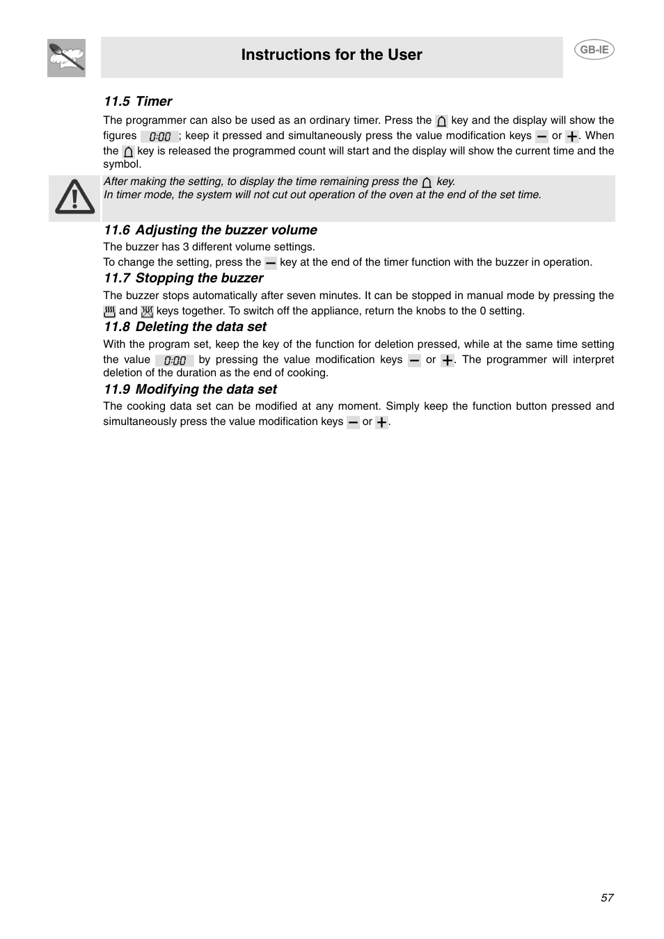 5 timer, 6 adjusting the buzzer volume, 7 stopping the buzzer | 8 deleting the data set, 9 modifying the data set, Instructions for the user | Smeg SCB64MPX5 User Manual | Page 15 / 20