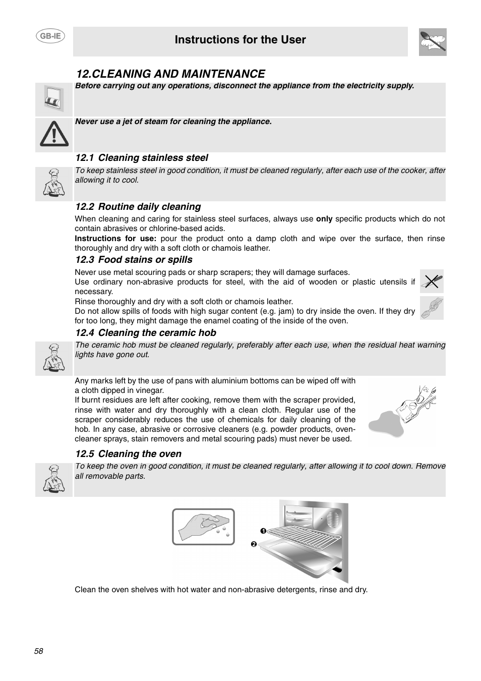 Cleaning and maintenance, 1 cleaning stainless steel, 2 routine daily cleaning | 3 food stains or spills, 4 cleaning the ceramic hob, 5 cleaning the oven, Instructions for the user | Smeg SCB64MPX5 User Manual | Page 16 / 20