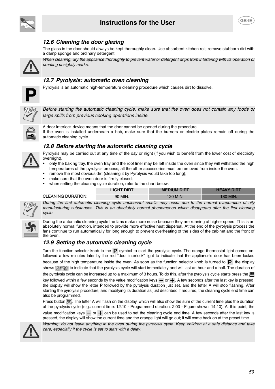 6 cleaning the door glazing, 7 pyrolysis: automatic oven cleaning, 8 before starting the automatic cleaning cycle | 9 setting the automatic cleaning cycle, Instructions for the user | Smeg SCB64MPX5 User Manual | Page 17 / 20