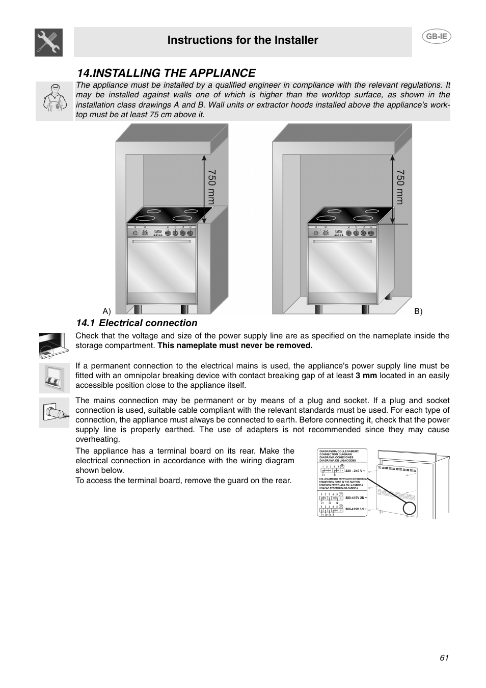 Installing the appliance, 1 electrical connection, Instructions for the installer | Smeg SCB64MPX5 User Manual | Page 19 / 20