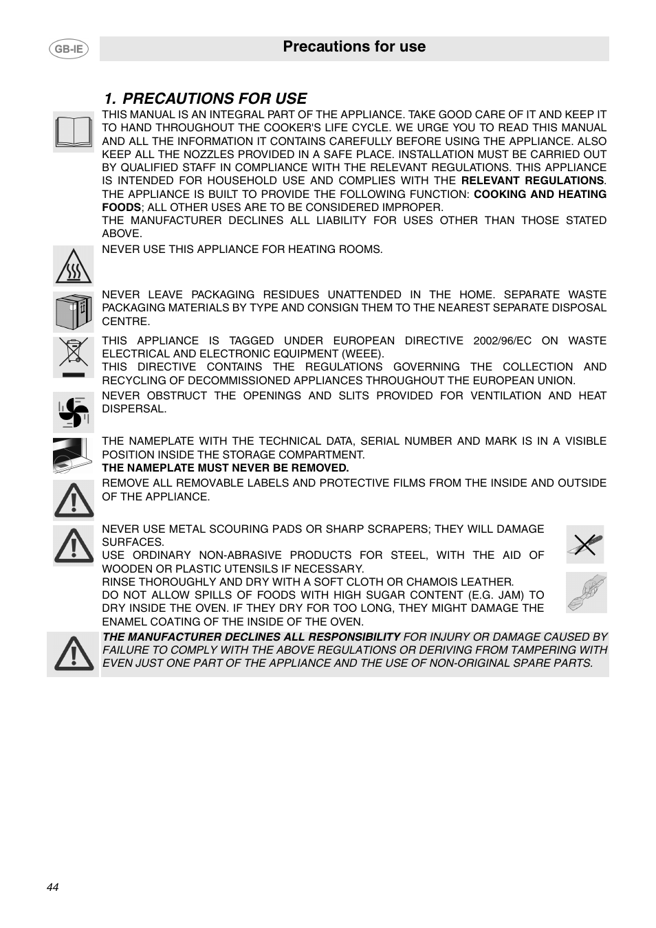 Precautions for use | Smeg SCB64MPX5 User Manual | Page 2 / 20