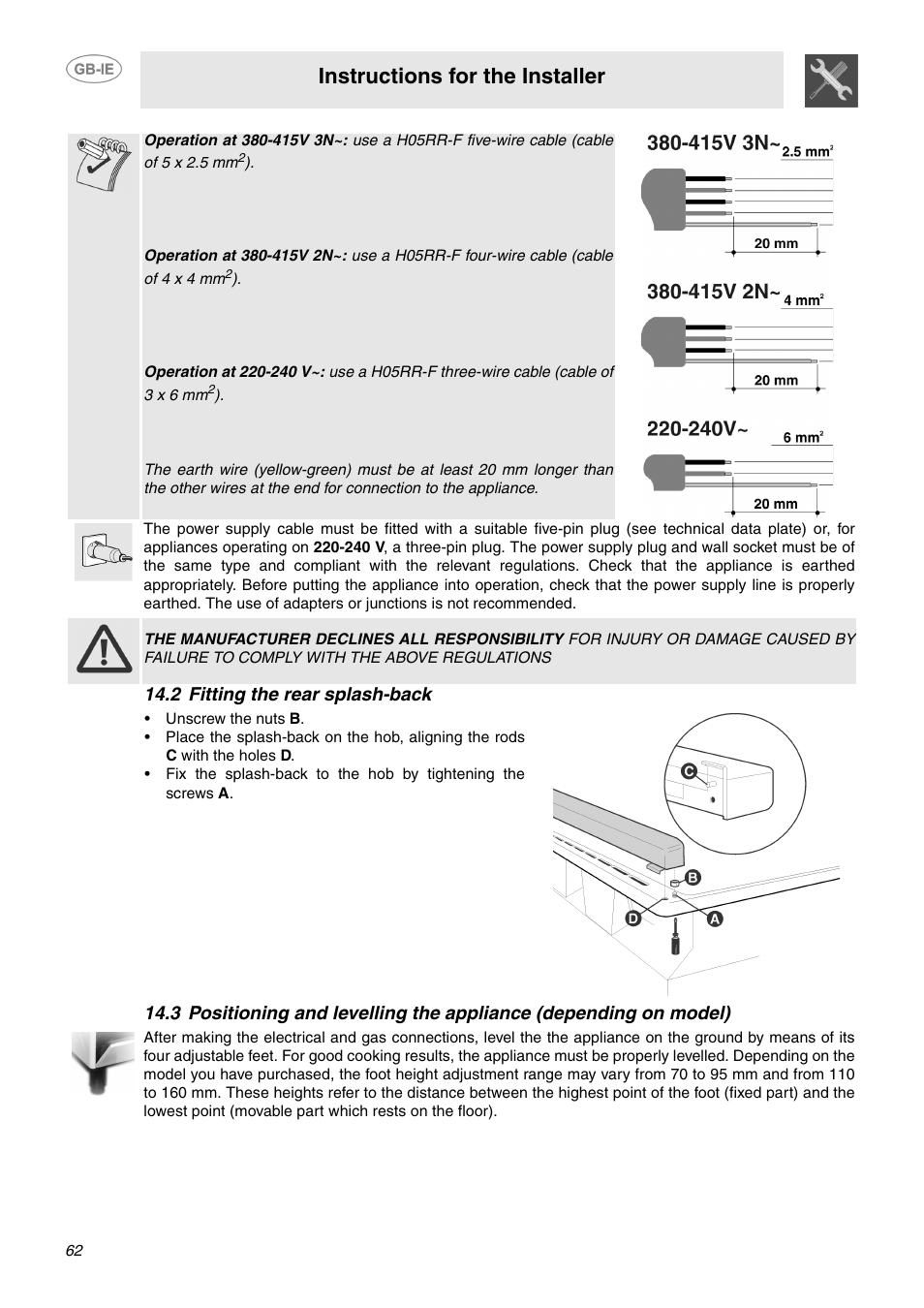 2 fitting the rear splash-back, Instructions for the installer | Smeg SCB64MPX5 User Manual | Page 20 / 20
