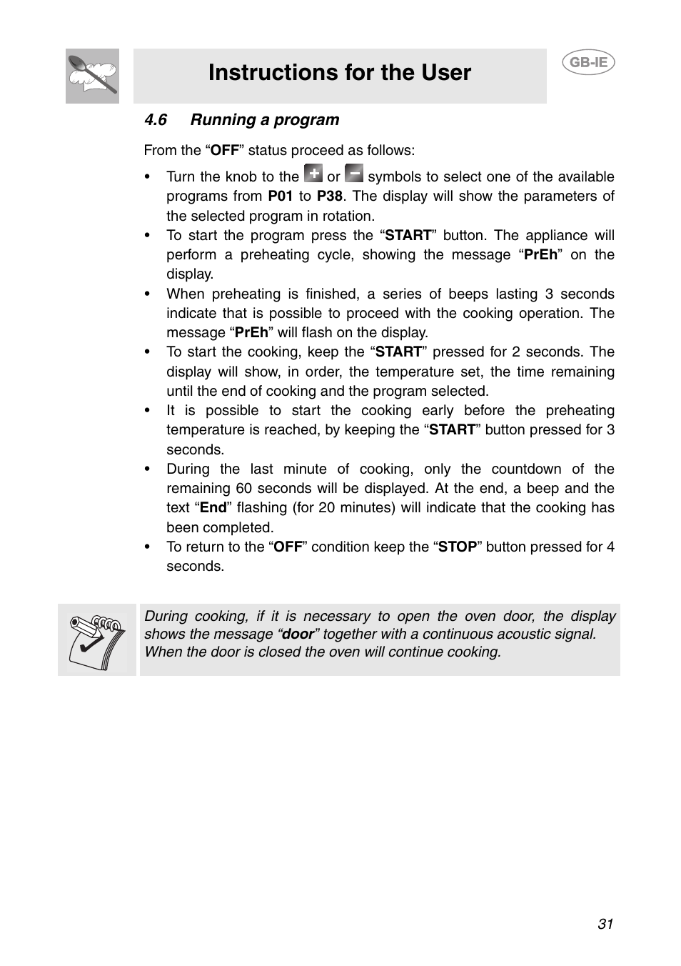 6 running a program, Instructions for the user | Smeg ALFA141XE User Manual | Page 11 / 17