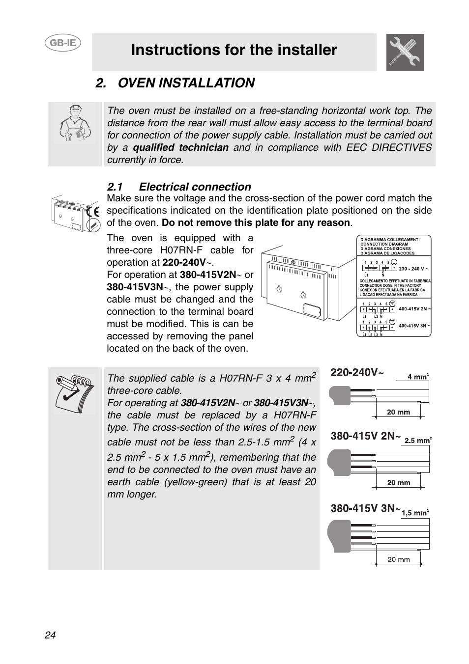 Oven installation, 1 electrical connection, Instructions for the installer | Smeg ALFA141XE User Manual | Page 4 / 17