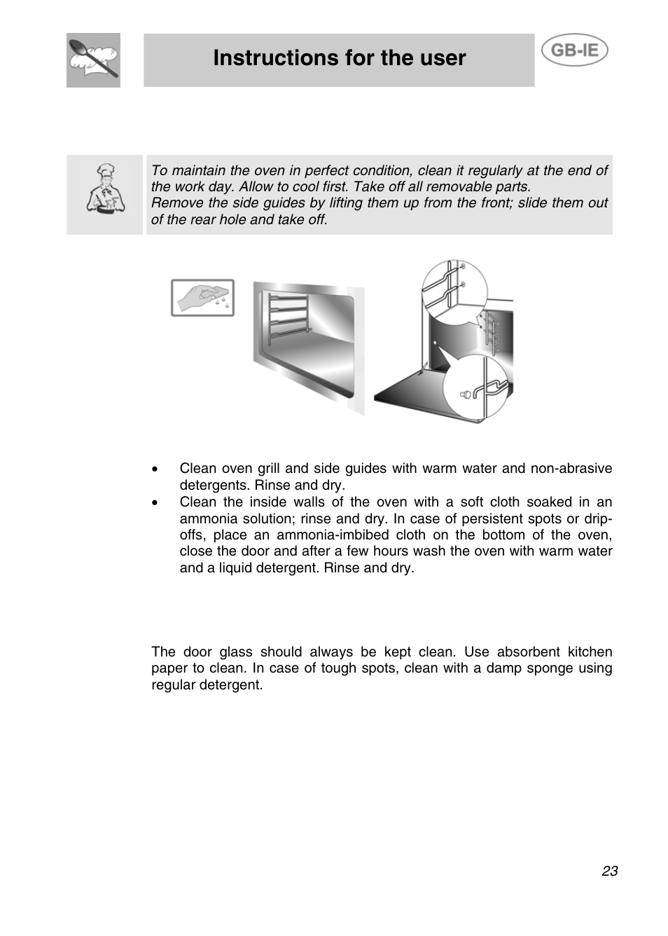 Instructions for the user, 2 cleaning the inside of the oven, 3 door glass | Smeg ALFA161XK User Manual | Page 10 / 11