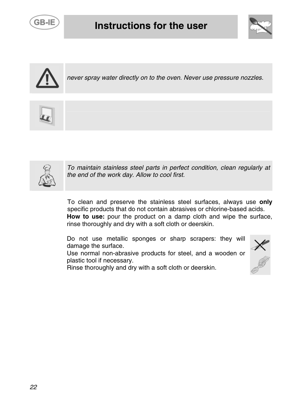 Instructions for the user, Cleaning and maintenance, 1 cleaning stainless steel parts | Smeg ALFA161XK User Manual | Page 9 / 11