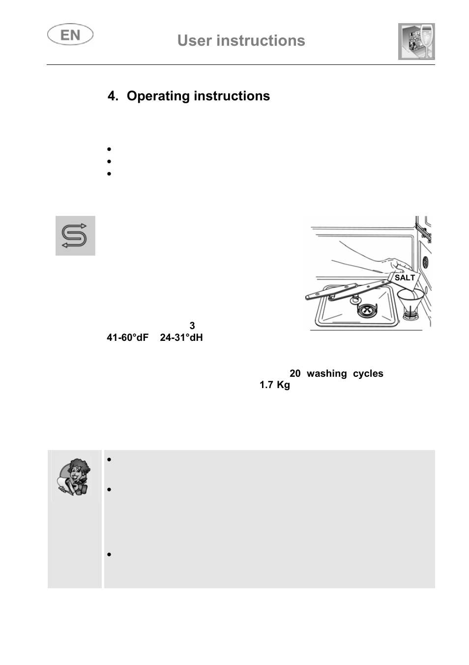 Operating instructions, 1 using the water softening system, User instructions | Smeg ST147 User Manual | Page 17 / 48