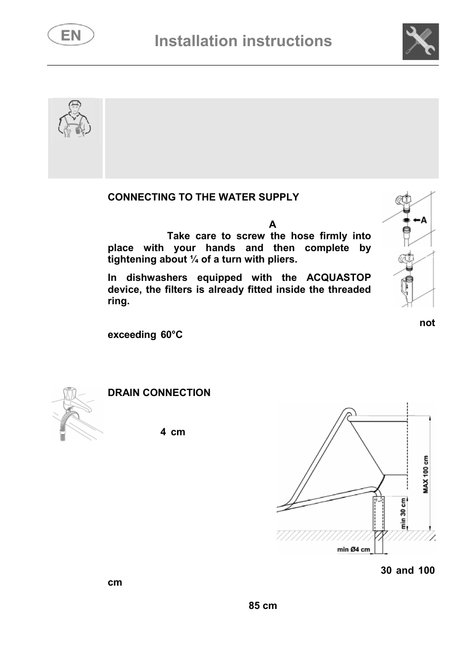 1 water supply connection, Installation instructions | Smeg ST147 User Manual | Page 7 / 48