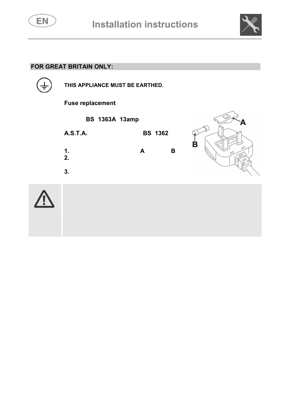 Installation instructions, For great britain only, Fuse replacement | Smeg ST147 User Manual | Page 9 / 48