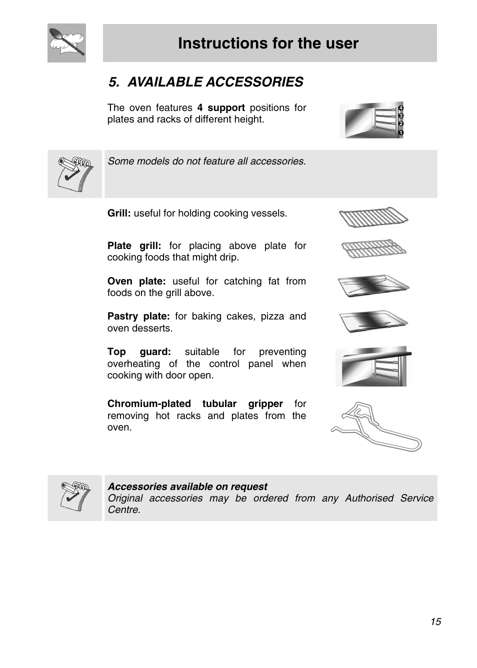 Available accessories, Instructions for the user | Smeg SA301X User Manual | Page 13 / 20
