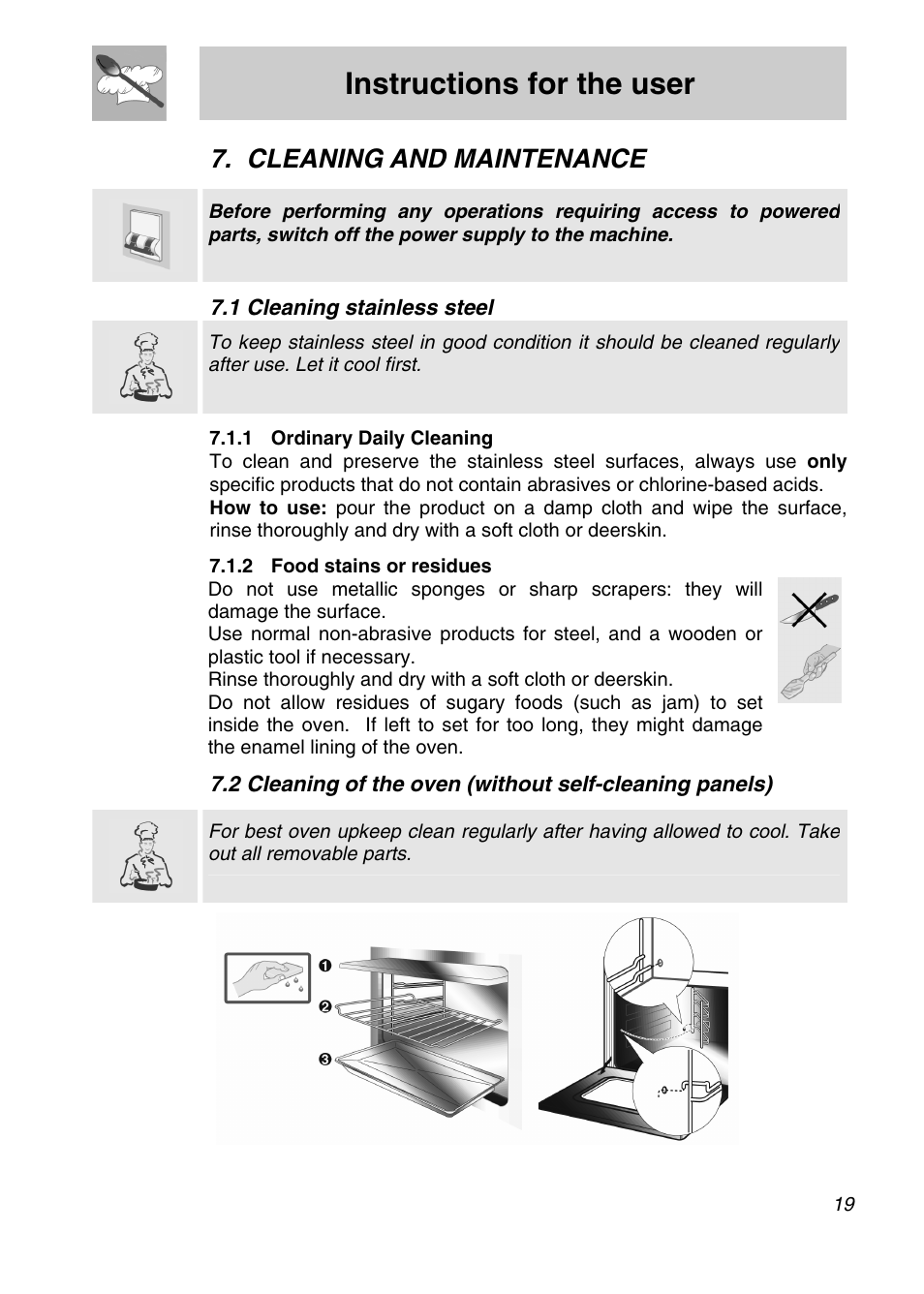 Cleaning and maintenance, Cleaning stainless steel, Ordinary daily cleaning | Food stains or residues, Instructions for the user, 1 cleaning stainless steel | Smeg SA301X User Manual | Page 17 / 20