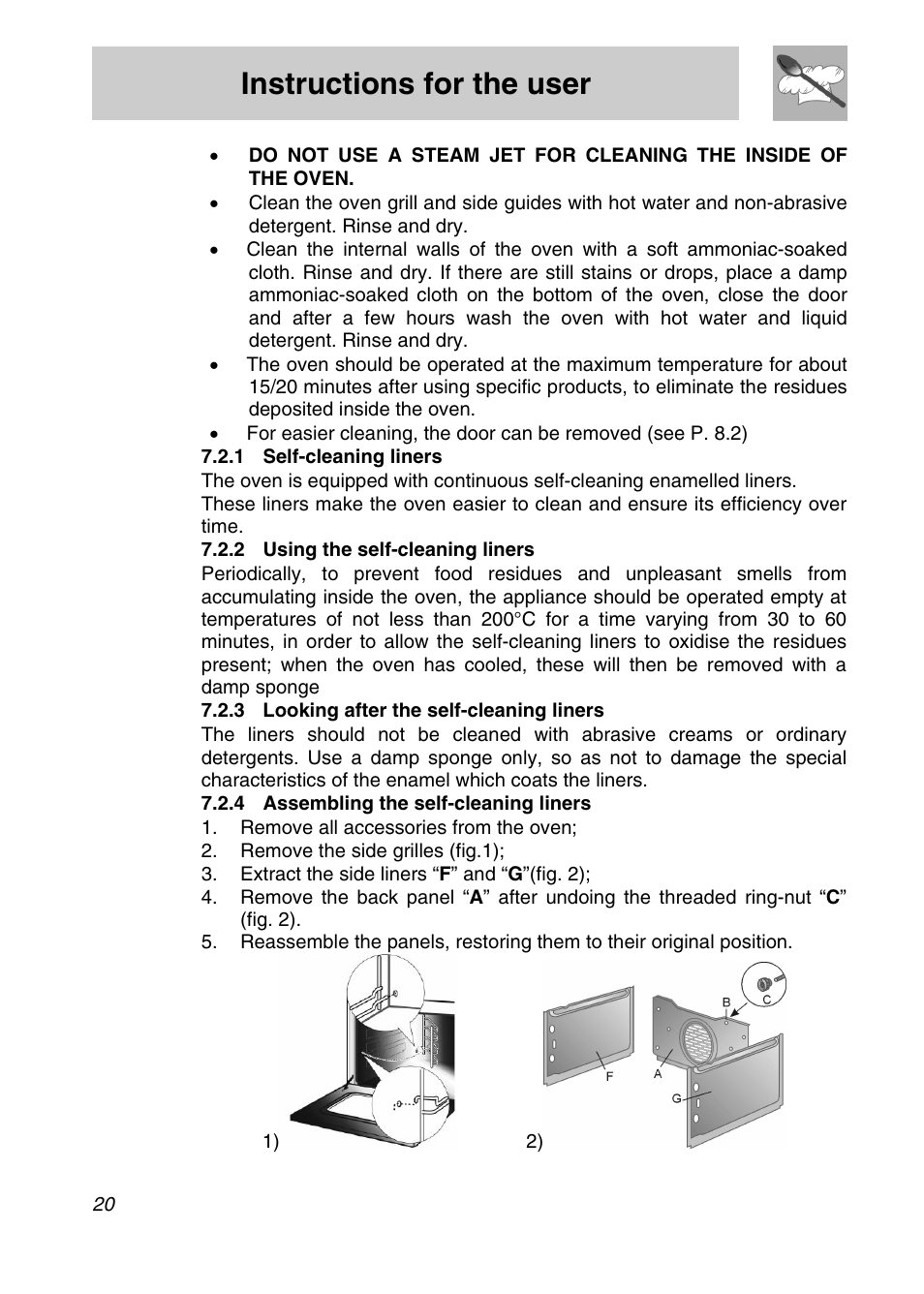 Self-cleaning liners, Using the self-cleaning liners, Looking after the self-cleaning liners | Assembling the self-cleaning liners, Instructions for the user | Smeg SA301X User Manual | Page 18 / 20