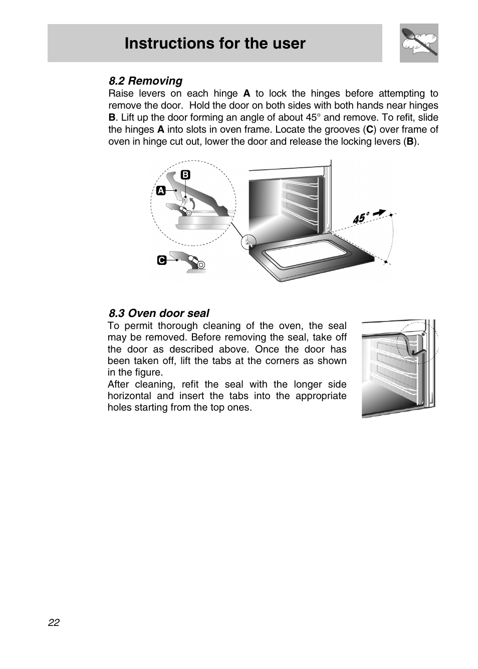 Removing, Oven door seal, Instructions for the user | Smeg SA301X User Manual | Page 20 / 20