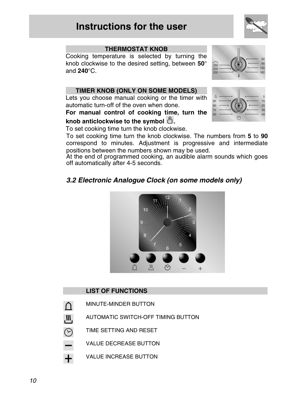 Electronic analogue clock (on some models only), Instructions for the user, 2 electronic analogue clock (on some models only) | Smeg SA301X User Manual | Page 8 / 20