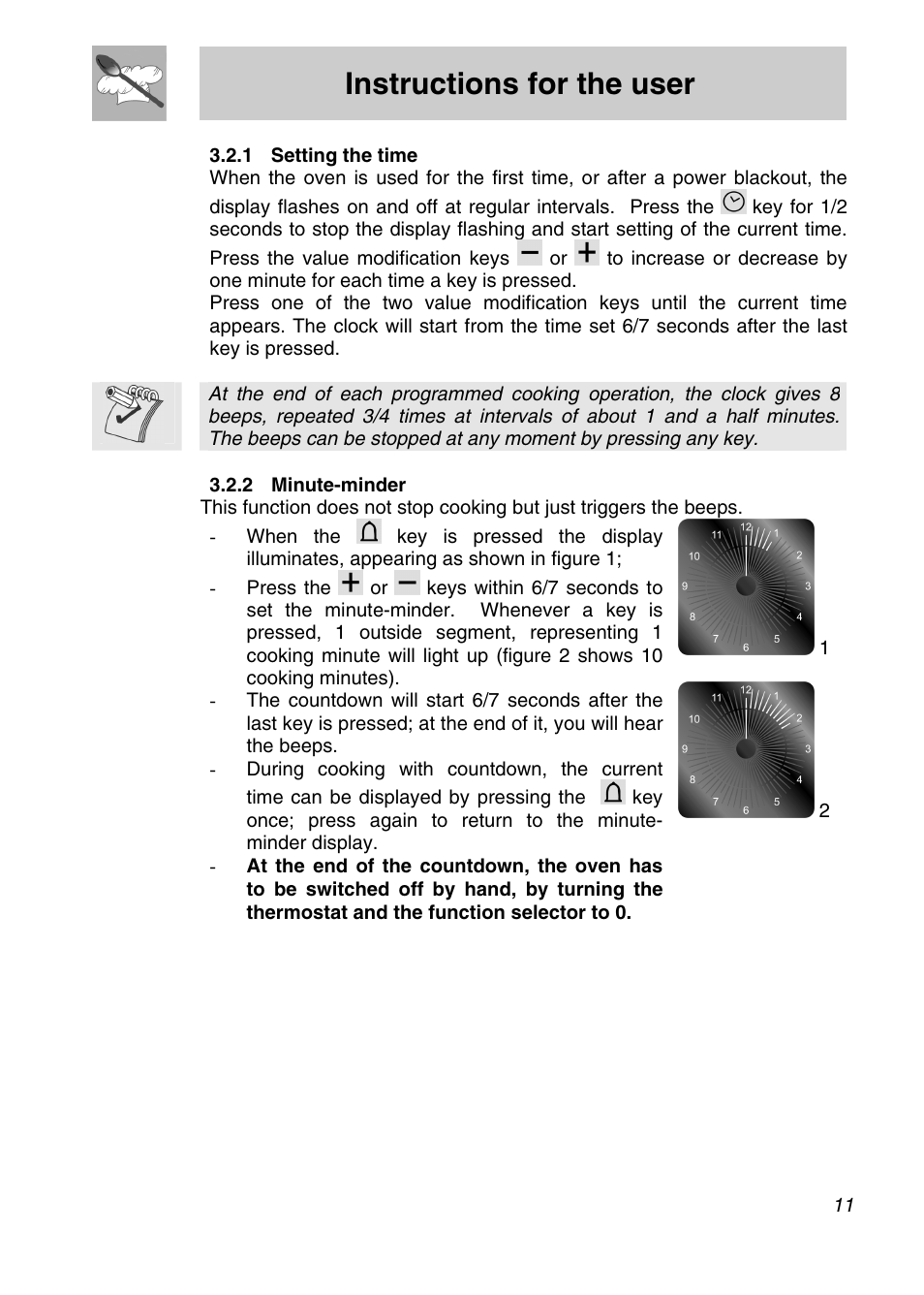 Setting the time, Minute-minder, Instructions for the user | Smeg SA301X User Manual | Page 9 / 20