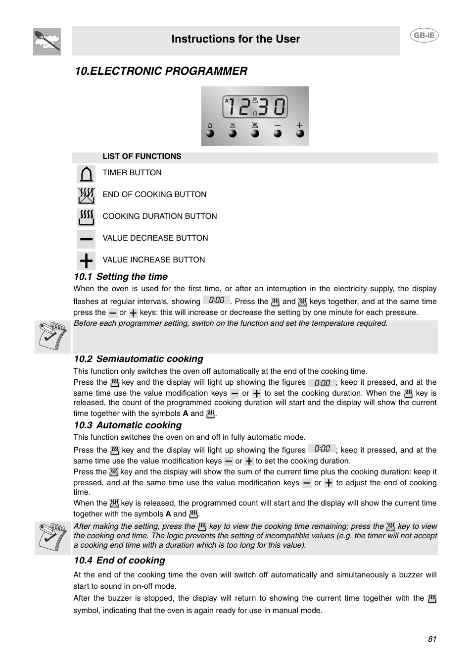 Electronic programmer, 1 setting the time, 2 semiautomatic cooking | 3 automatic cooking, 4 end of cooking, Instructions for the user | Smeg B70CMSX5 User Manual | Page 11 / 16