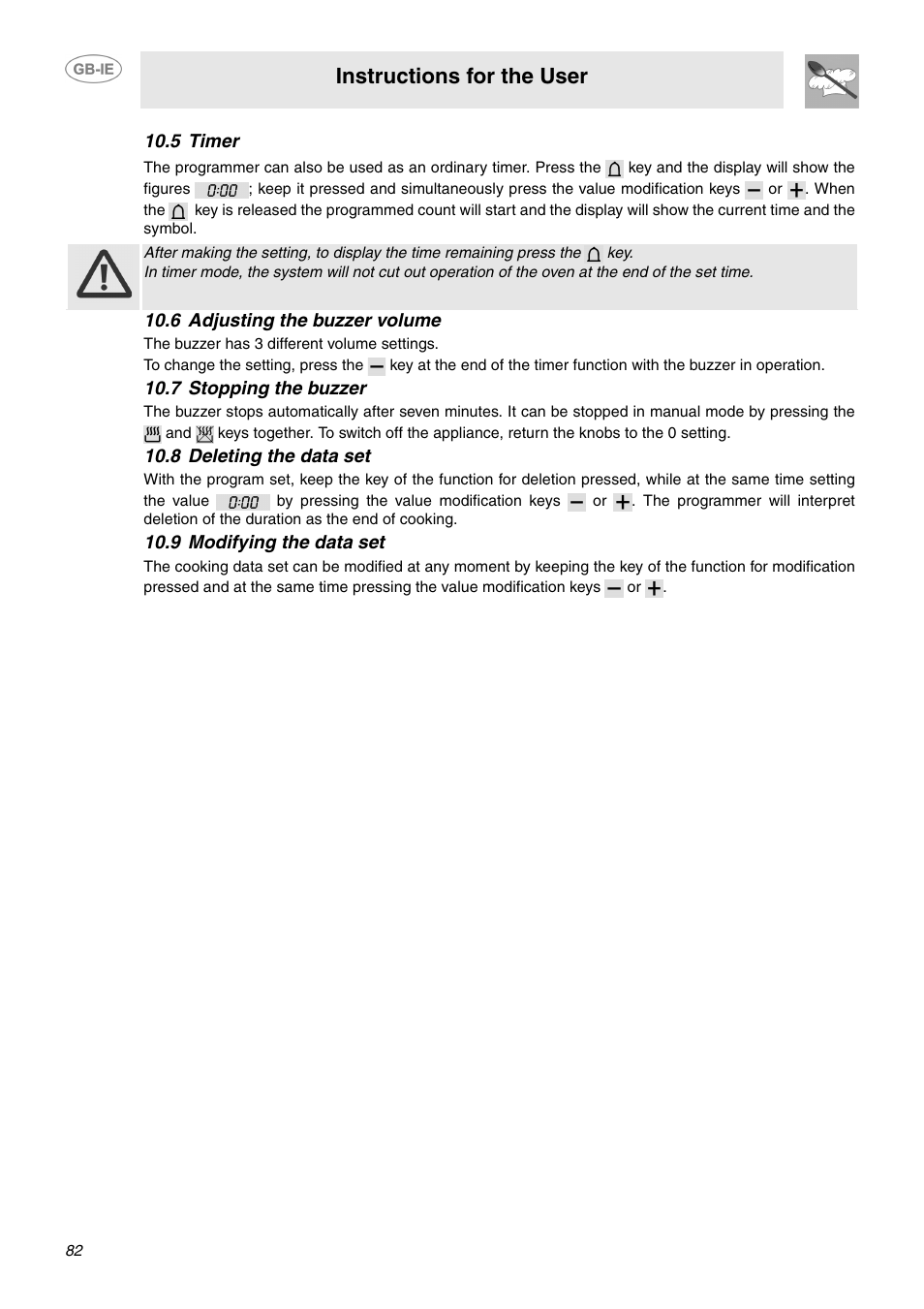 5 timer, 6 adjusting the buzzer volume, 7 stopping the buzzer | 8 deleting the data set, 9 modifying the data set, Instructions for the user | Smeg B70CMSX5 User Manual | Page 12 / 16