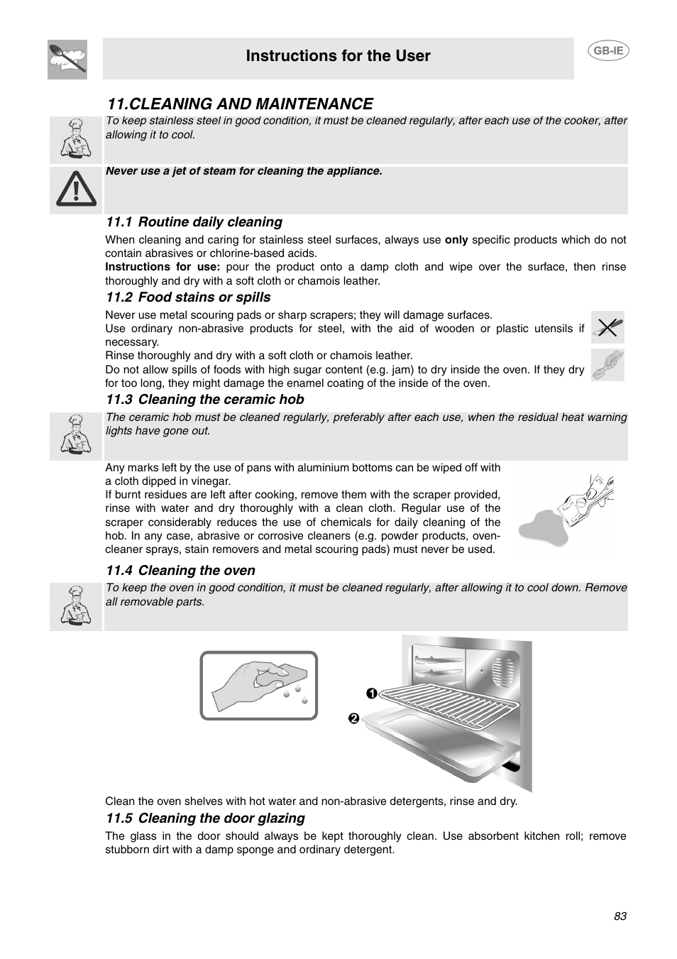 Cleaning and maintenance, 1 routine daily cleaning, 2 food stains or spills | 3 cleaning the ceramic hob, 4 cleaning the oven, 5 cleaning the door glazing, Instructions for the user | Smeg B70CMSX5 User Manual | Page 13 / 16