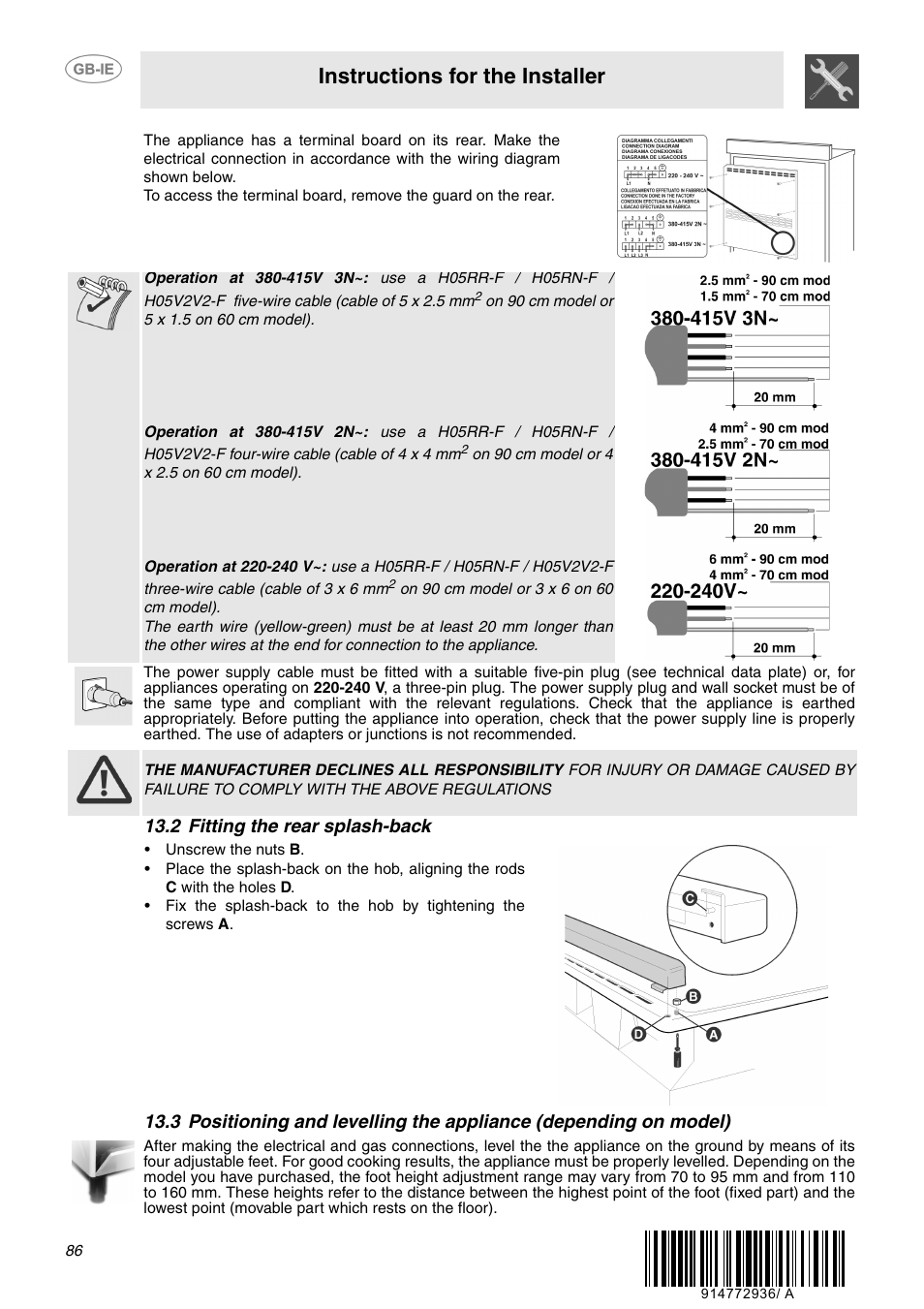 2 fitting the rear splash-back, Instructions for the installer | Smeg B70CMSX5 User Manual | Page 16 / 16