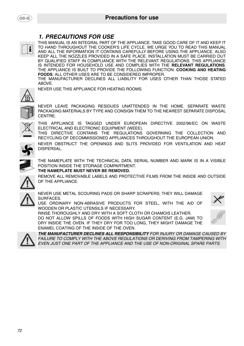 Precautions for use | Smeg B70CMSX5 User Manual | Page 2 / 16